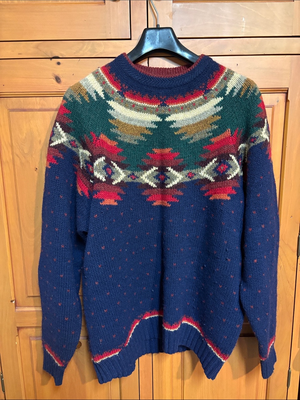 Woolrich Navy Blue Green Red Patterned Crewneck Sweater 100% wool